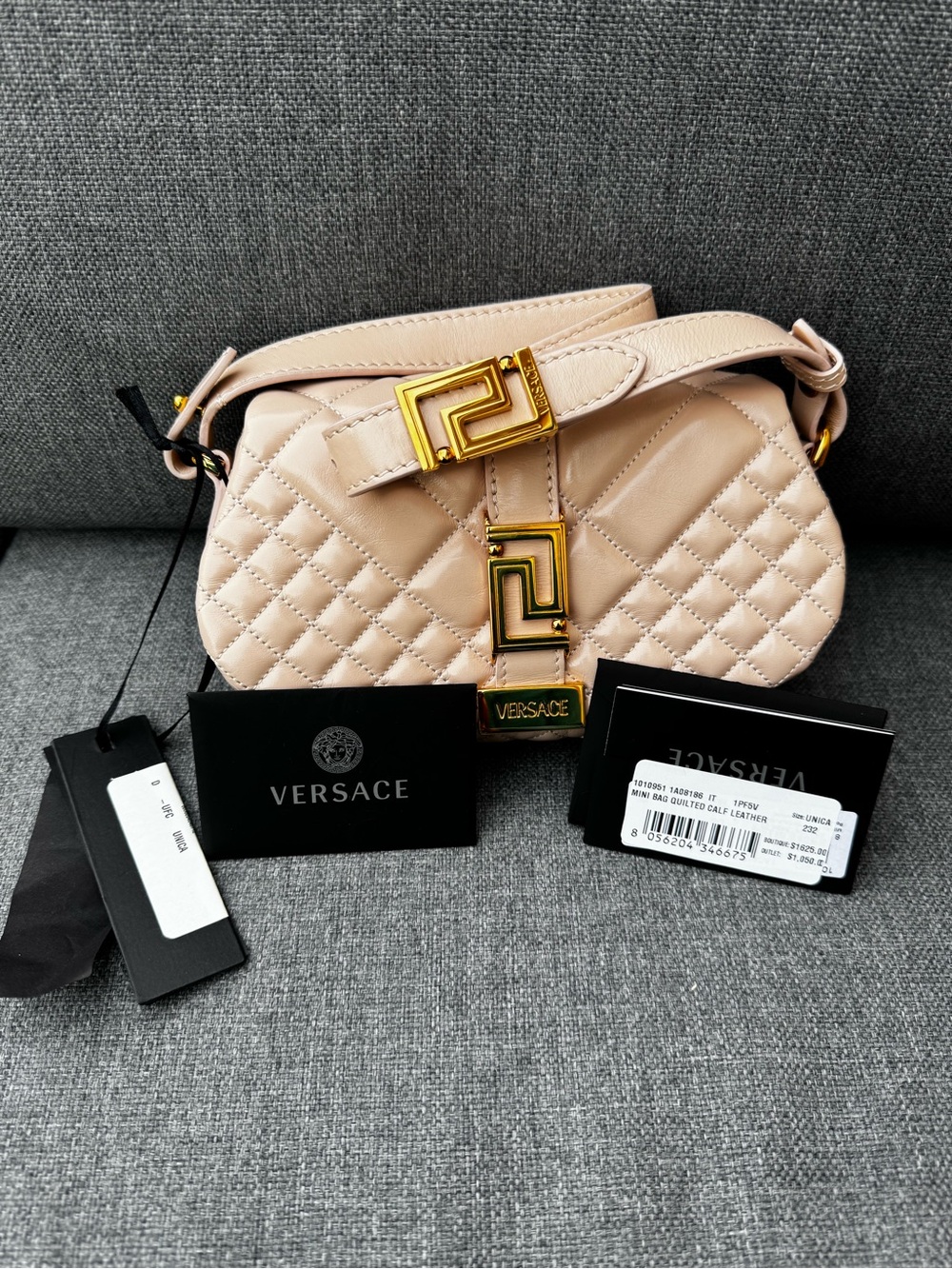 VERSACE 
Calfskin Quilted Mini Greca Goddess
Shoulder Bag.